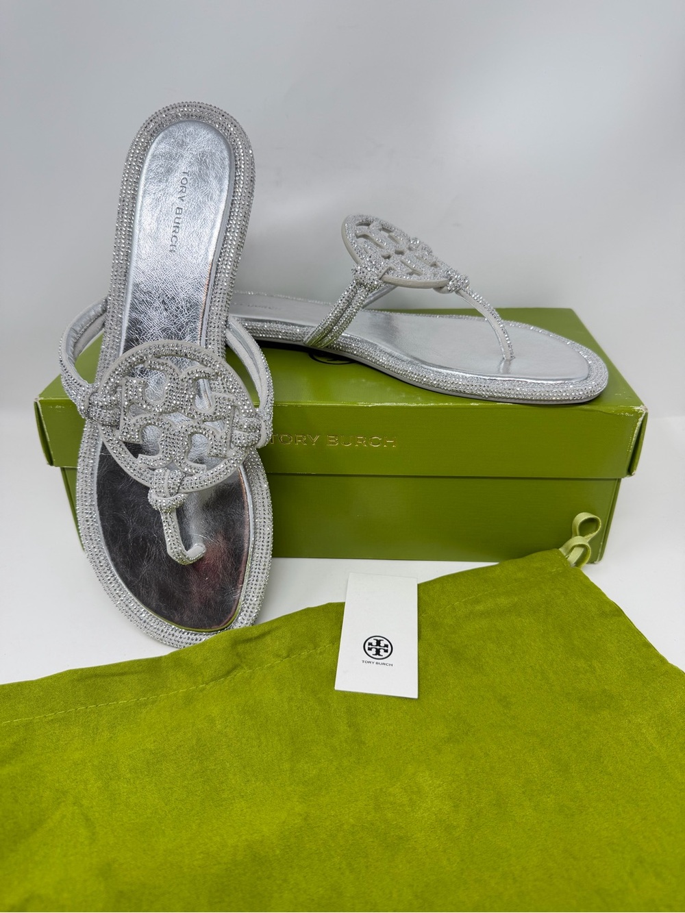 Tory Burch New in Box Miller Pave Knotted Sandals Silver Size 9.5